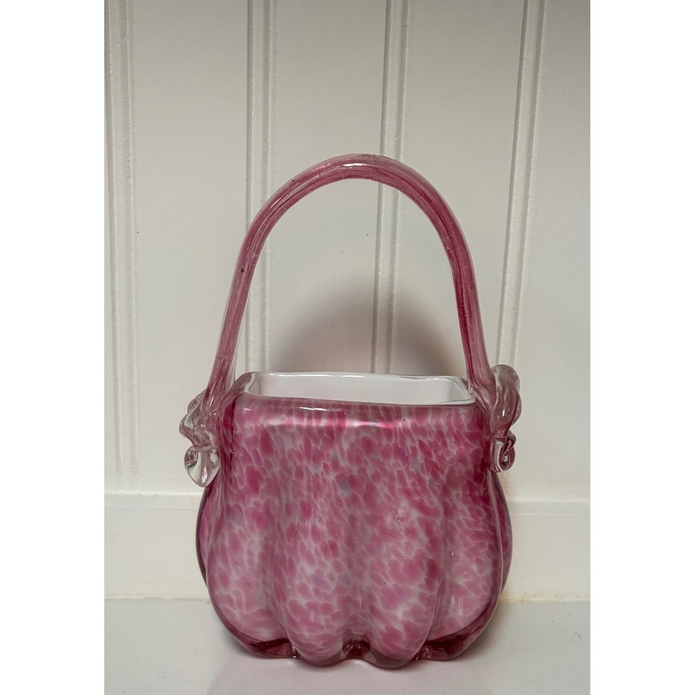 Vintage Pink Art Glass Handbag Purse Vase Basket Applied Handle Speckled Decor